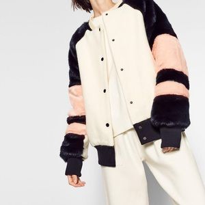 Zara Cream Navy Faux Fur Sleeve Bomber Coat